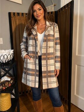 Anne Klein Neutral Plaid Double-Breasted Knit Coatigan